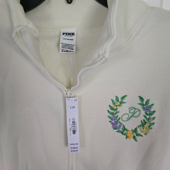 NWT VS PINK L Cream Floral Zip up Logo Jacket - Picture 3 of 3